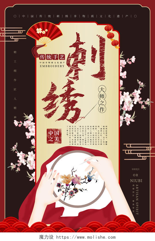 红色手绘创意中国传统手工艺刺绣宣传海报